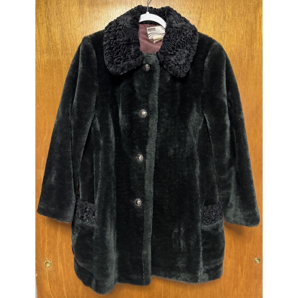 Vintage Montgomery Ward Faux Fur Coat Women’s Black Curly Collar Mid Length